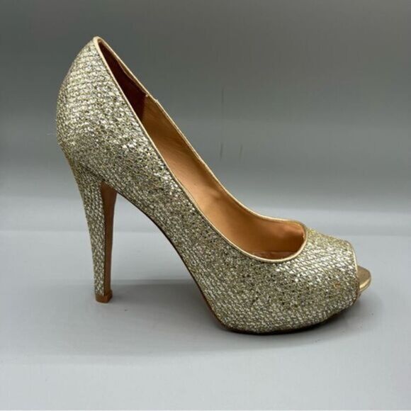 Badgley Mischka Metallic Gold Glitter Open Toe Pumps - Picture 1 of 6